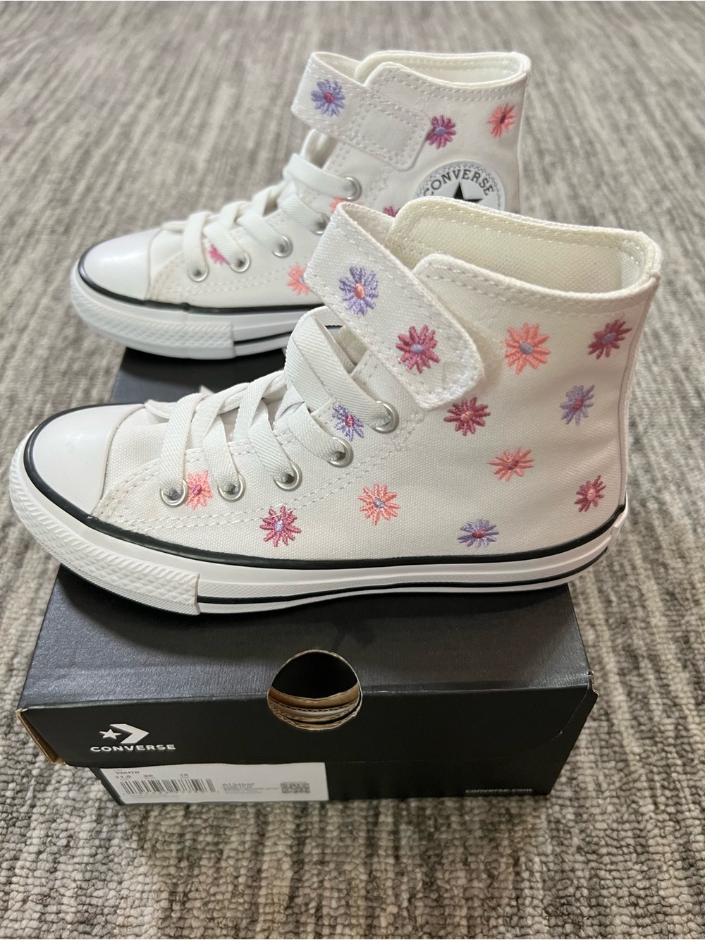 Converse Kids White High-Top Sneakers with Pink & Purple Floral Embroidery